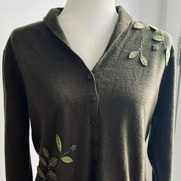 Kasper Deep Olive Wool-Blend Cardigan with Felt Leaf Appliqué – US XL - Picture 1 of 10